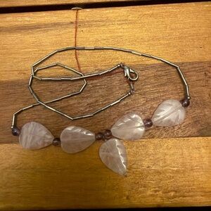 Handmade Rose Quartz Leaf Bead Necklace Silver Tone Tube Beads Lobster Clasp